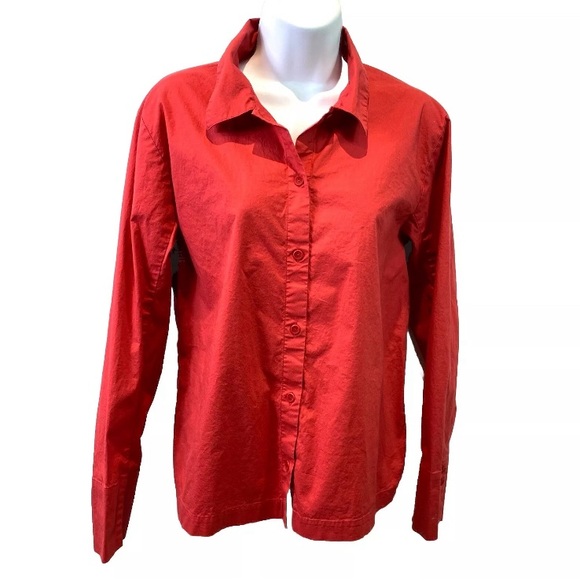 Eileen Fisher Womens Shirt Button Down Stretch LS Orange Red Cotton Blend Sz M - Picture 1 of 9